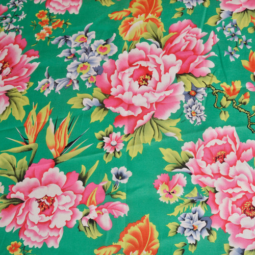 原创中国风全棉布料东北大花布面料服装民族风怀旧绿色紫红牡丹花 - 图0