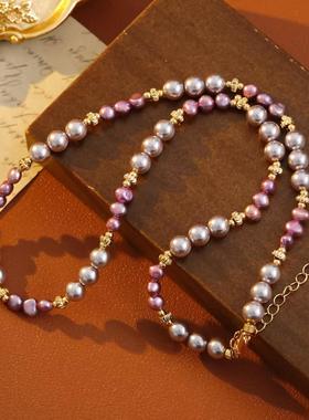 曼塔玫瑰紫色巴洛克灰色淡水珍珠项链多巴胺混色毛衣链国潮复古风