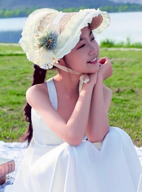 洛丽塔法式少女感蕾丝花朵草帽