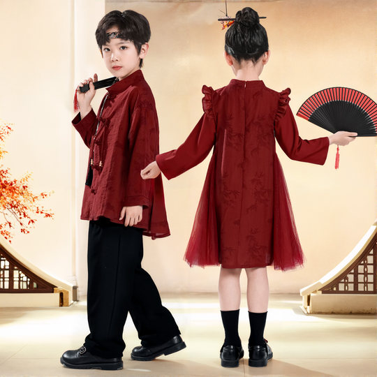 儿童新中式汉服套装男童小少爷唐装女童旗袍裙礼服国风朗诵演出服