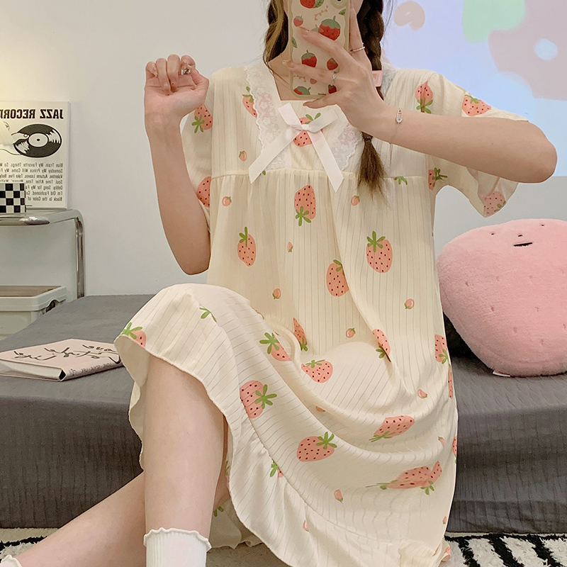 夏季韩国睡衣女夏短袖花边薄款蕾丝甜美棉质家居服两件套装女_Caddy少女睡衣馆_女士内衣/男士内衣/家居服-第5张图片-提都小院