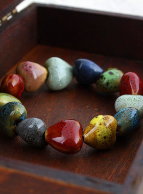 多彩火山石陶瓷桃心形民族风手链