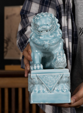 中式影青釉工艺摆件狮子景德镇手工陶瓷客厅家居家装饰对狮摆件