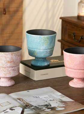复古陶瓷高脚杯花瓶家居装饰摆件粉蓝色磨砂质感客厅桌面陶瓷花瓶