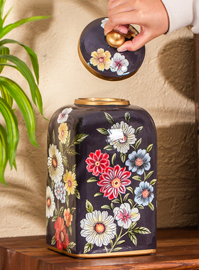 陶瓷器欧式描金绘画太阳花陶瓷罐