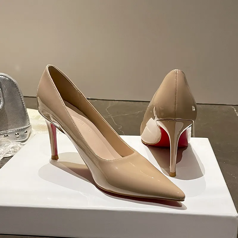 【B-168-2】裸色高跟鞋女胖脚宽脚性感红底单鞋黑色漆皮大码女鞋 - 图2