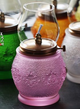 古法琉璃八吉祥油灯佛堂摆件