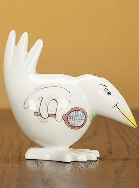 趣味小鸟网球手小型瓷偶摆件