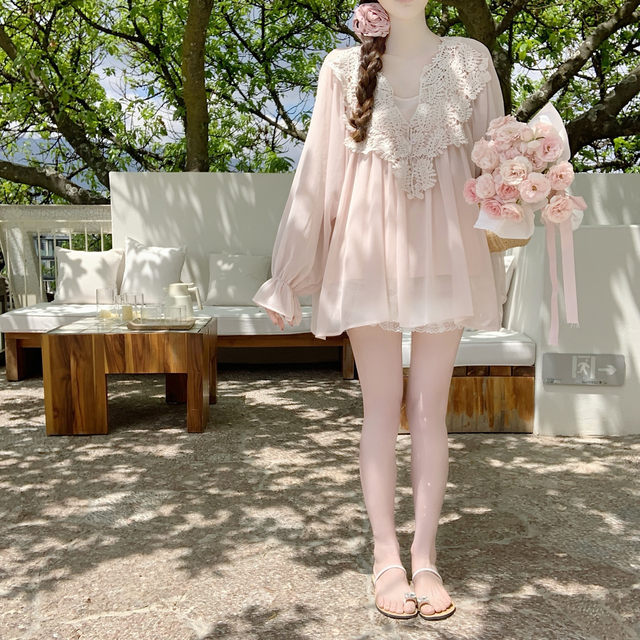 ເສື້ອ chiffon lace crocheted ແມ່ຍິງ