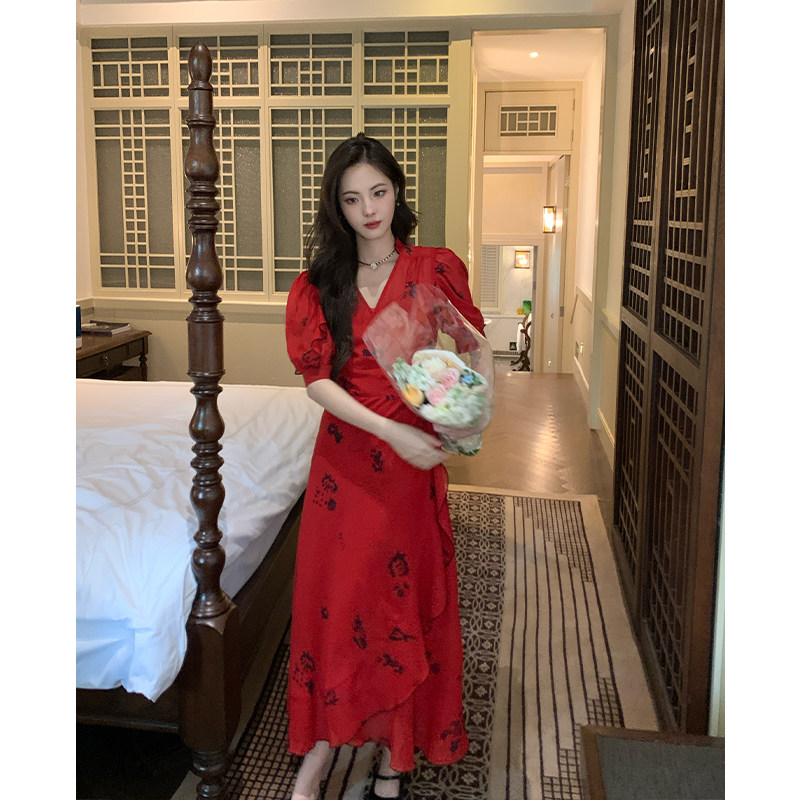 ZHUYIYI 红色复古木耳边碎花连衣裙女V领气质修身印花裙,淘宝优惠券,粉丝福利购,淘宝优惠卷