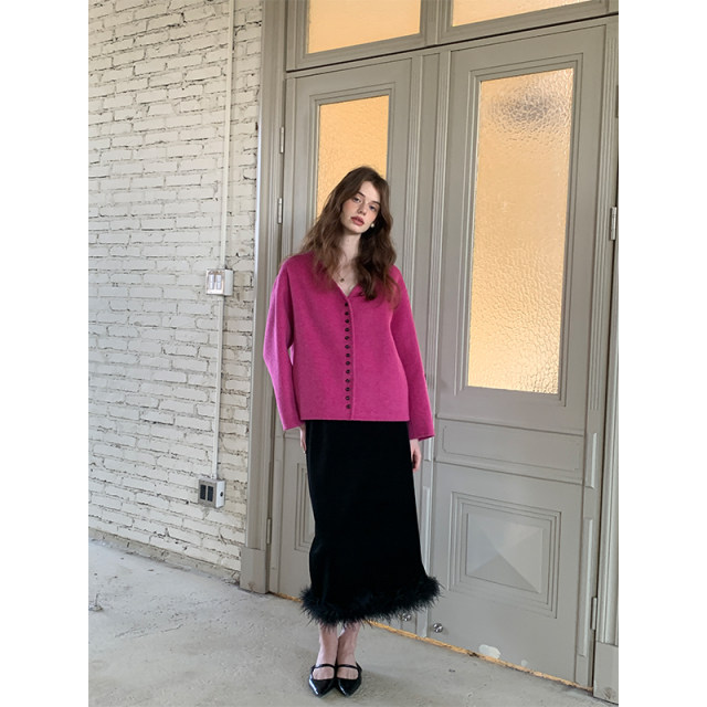 ZHUYIYI 玫红色骆驼绒双面呢羊毛早秋短款秋冬外套女款高级感原创