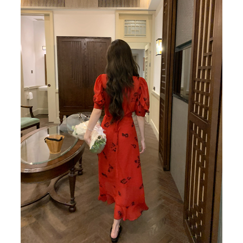 ZHUYIYI 红色复古木耳边碎花连衣裙女V领气质修身印花裙,淘宝优惠券,粉丝福利购,淘宝优惠卷