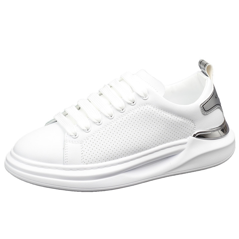 透气小白鞋男情侣款百搭厚底学生系带低帮板鞋潮流冲孔运动休闲鞋 - 图3