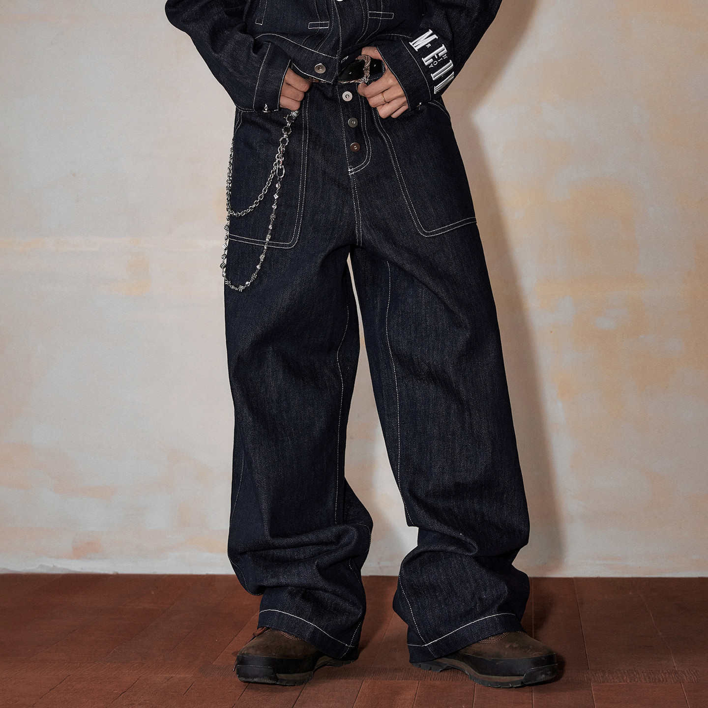 MEDM原牛明线纯色阔腿宽松牛仔裤男秋季美式街头复古风直筒长裤子,淘宝优惠券,粉丝福利购,淘宝优惠卷