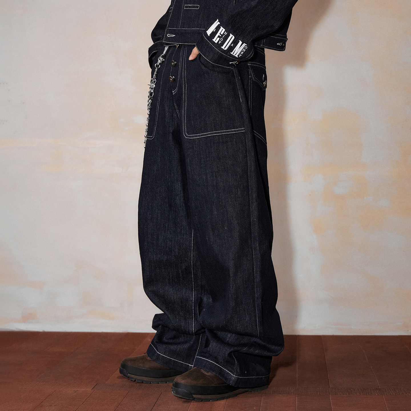 MEDM原牛明线纯色阔腿宽松牛仔裤男秋季美式街头复古风直筒长裤子,淘宝优惠券,粉丝福利购,淘宝优惠卷