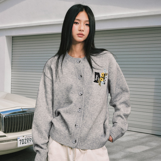 MEDM 线条花卉刺绣休闲开衫毛衣春秋男女慵懒宽松情侣针织衫外套