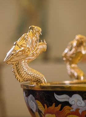 台湾黄铜景泰蓝浴佛盆九