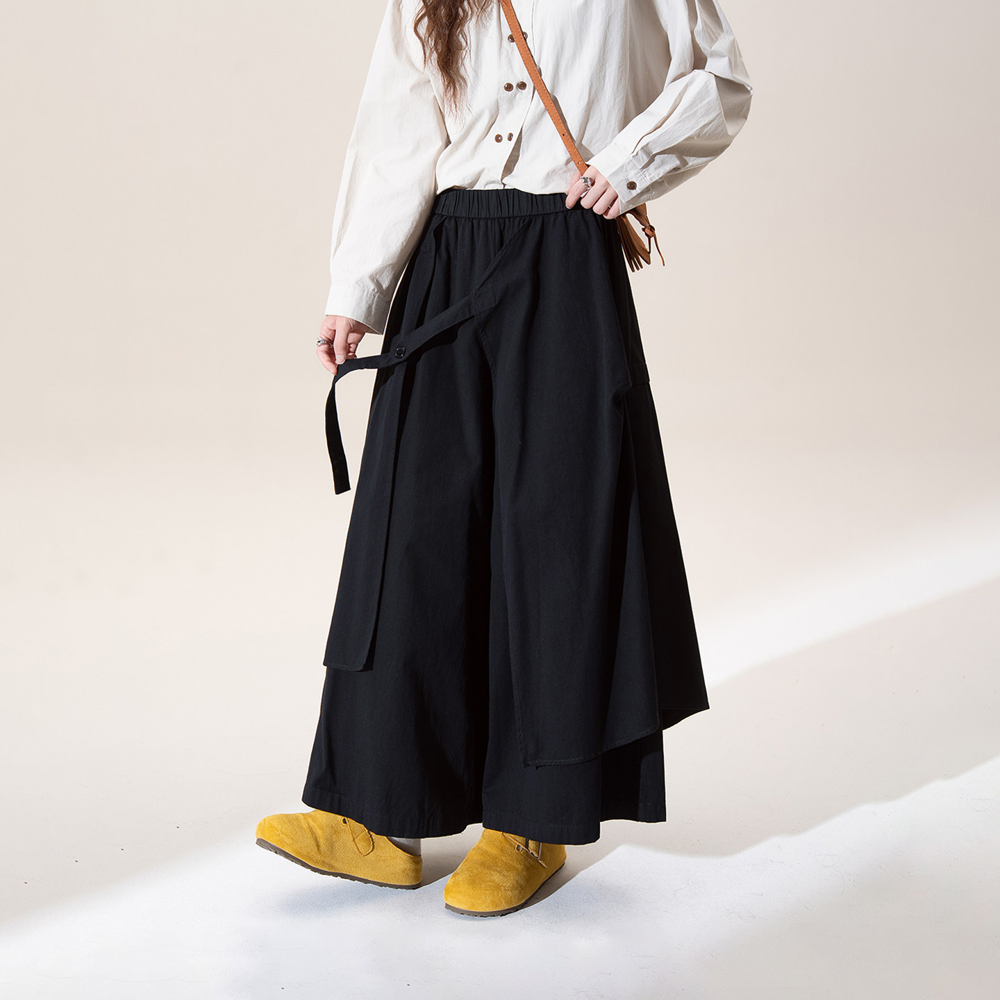 黑色山本风垂感裙裤女春季新款不规则拼接设计感九分阔腿休闲裤子,淘宝优惠券,粉丝福利购,淘宝优惠卷