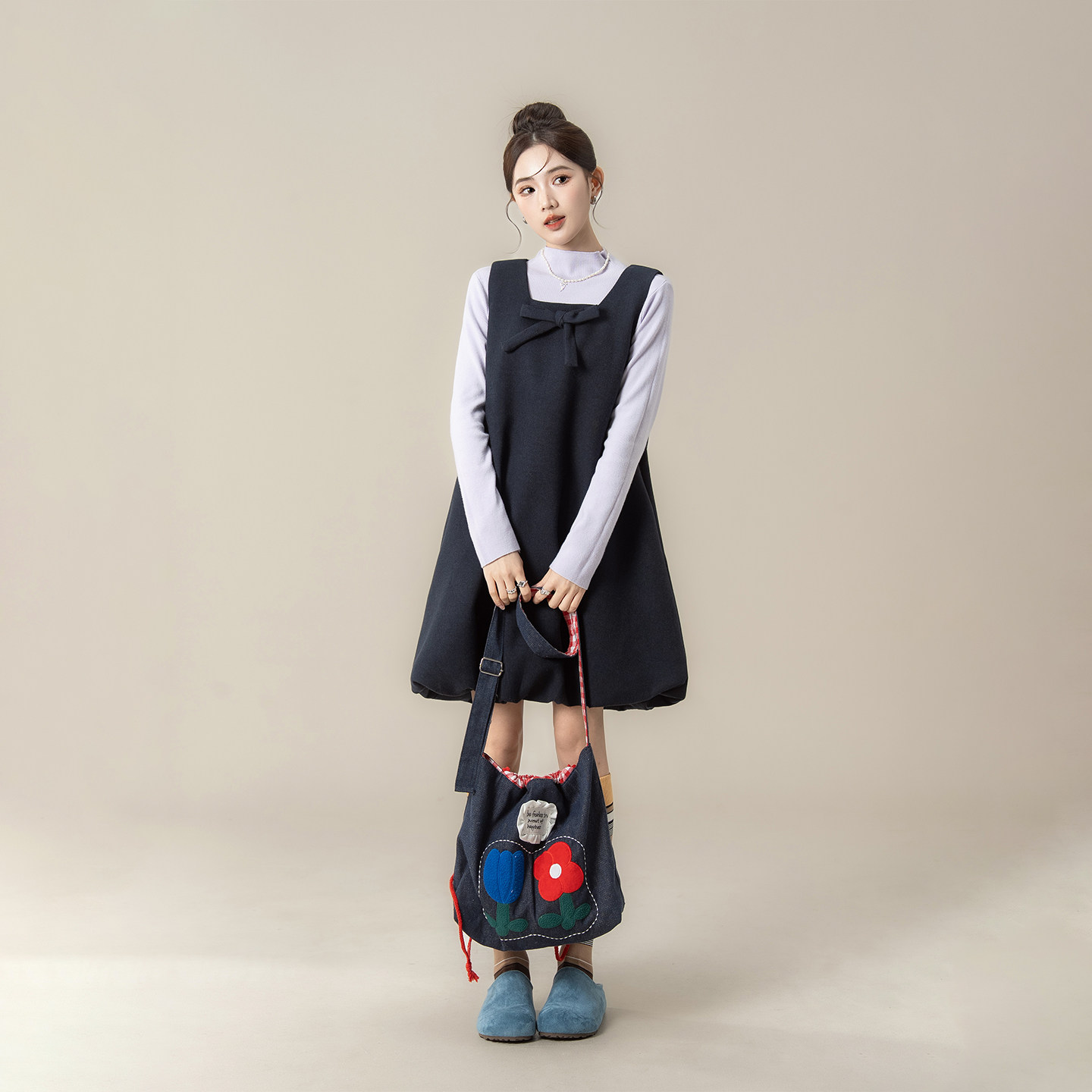 蓝色韩系甜美蝴蝶结花苞背心连衣裙女春秋新款长袖打底衫上衣套装,淘宝优惠券,粉丝福利购,淘宝优惠卷