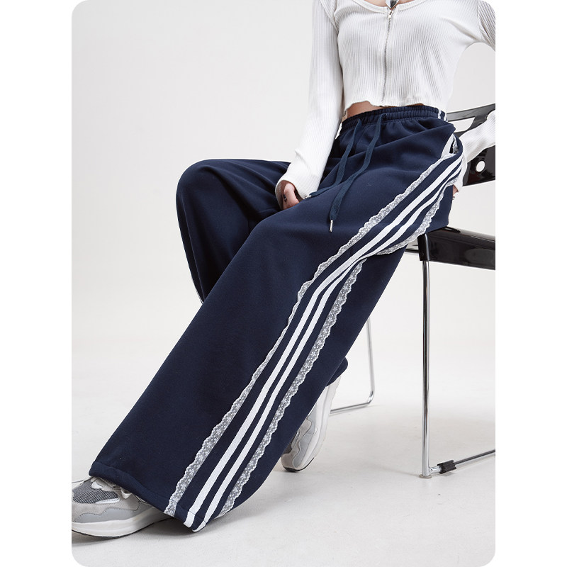 深蓝色两侧条纹蕾丝拼接加绒休闲卫裤女冬季新款宽松显瘦阔腿裤子,淘宝优惠券,粉丝福利购,淘宝优惠卷