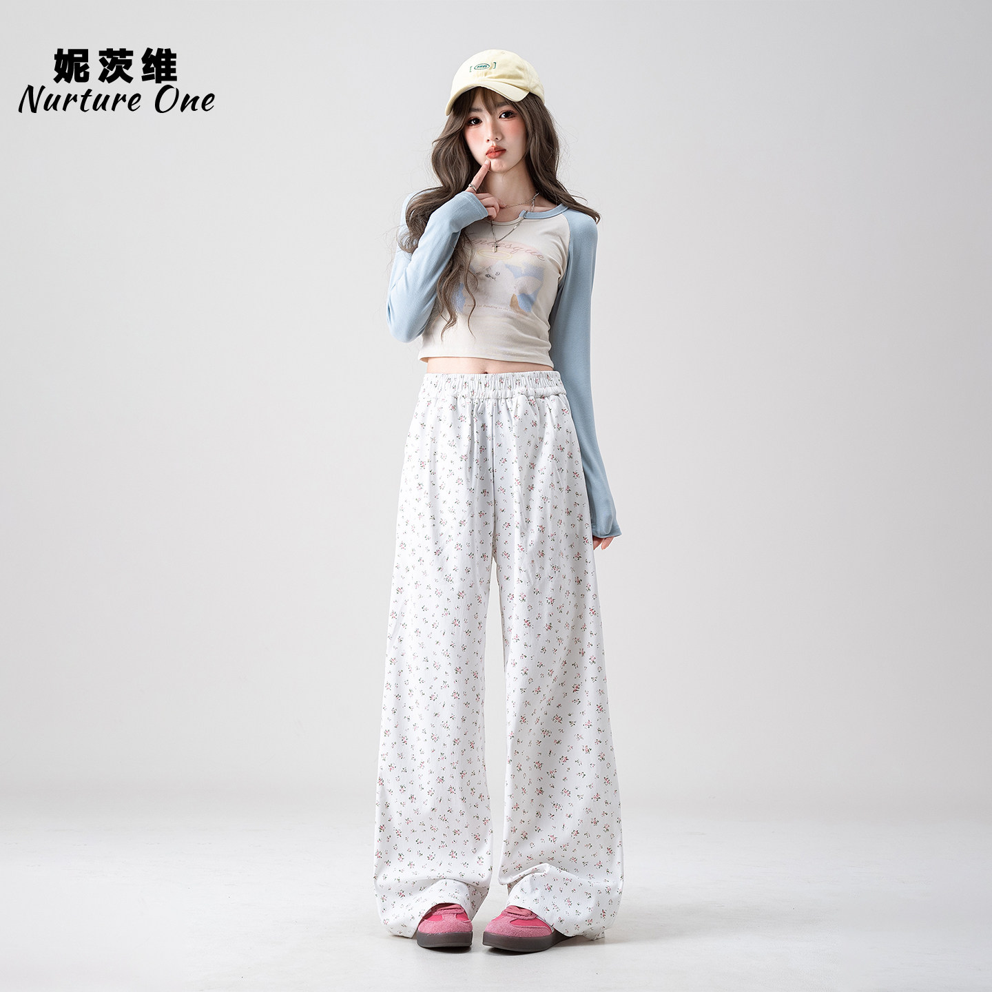 白色小碎花直筒休闲裤女春季新款高腰宽松阔腿遛弯百搭拖地长裤子,淘宝优惠券,粉丝福利购,淘宝优惠卷