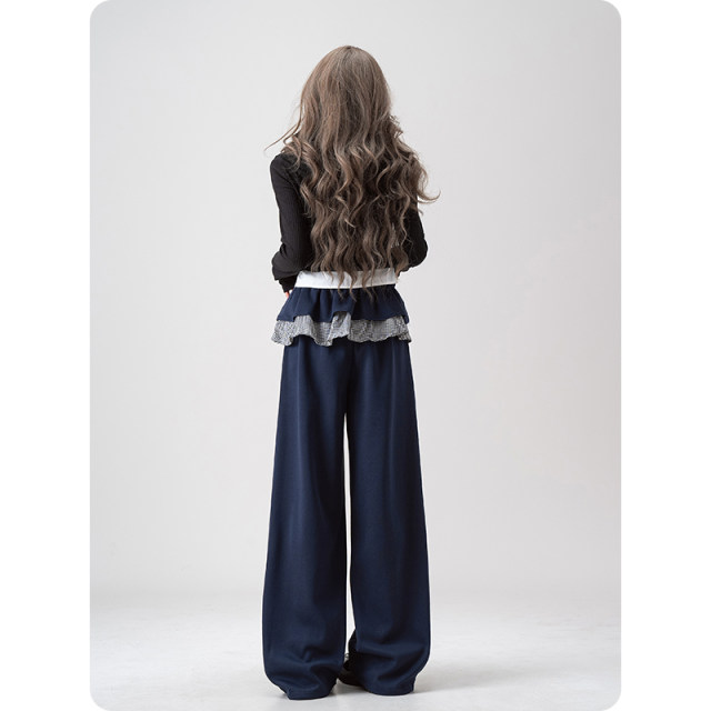 ໂສ້ງເສື້ອຍືດແຂນຂາຍາວ plaid lace ສີຟ້າຂອງແມ່ຍິງ