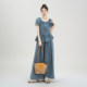 ຊຸດໂສ້ງຂາກວ້າງ denim ແຂນເສື້ອສີຟ້າ