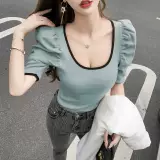 Летняя ретро футболка, короткий рукав, французский стиль, рукава фонарики, с рукавом