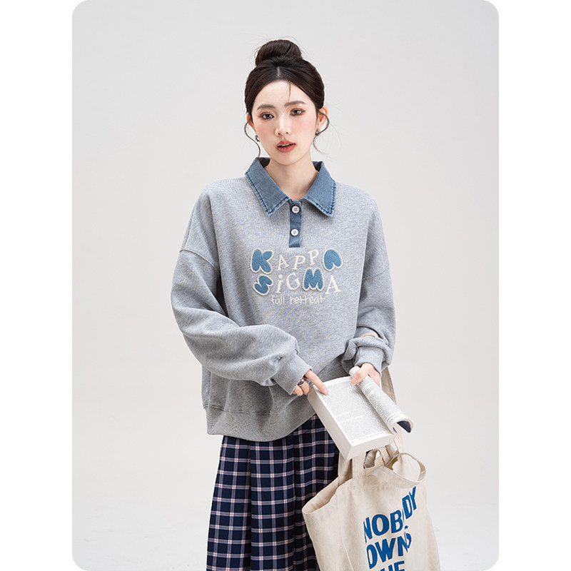 妮茨维花灰色字母刺绣polo领无帽卫衣女春装新款牛仔拼接长袖上衣,淘宝优惠券,粉丝福利购,淘宝优惠卷