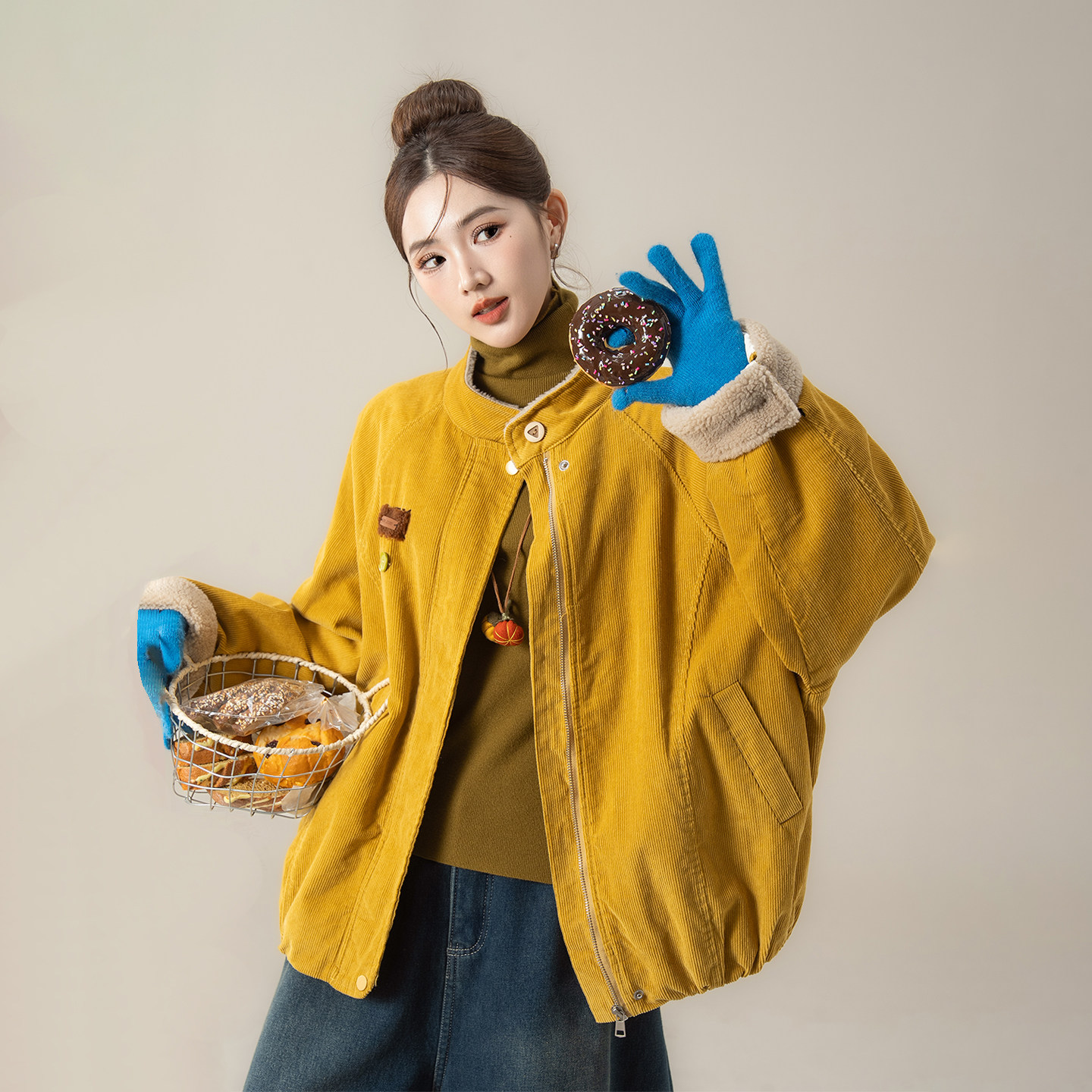 黄色灯芯绒加厚短外套女冬季新款宽松显瘦拉链立领羊羔毛长袖棉服,淘宝优惠券,粉丝福利购,淘宝优惠卷