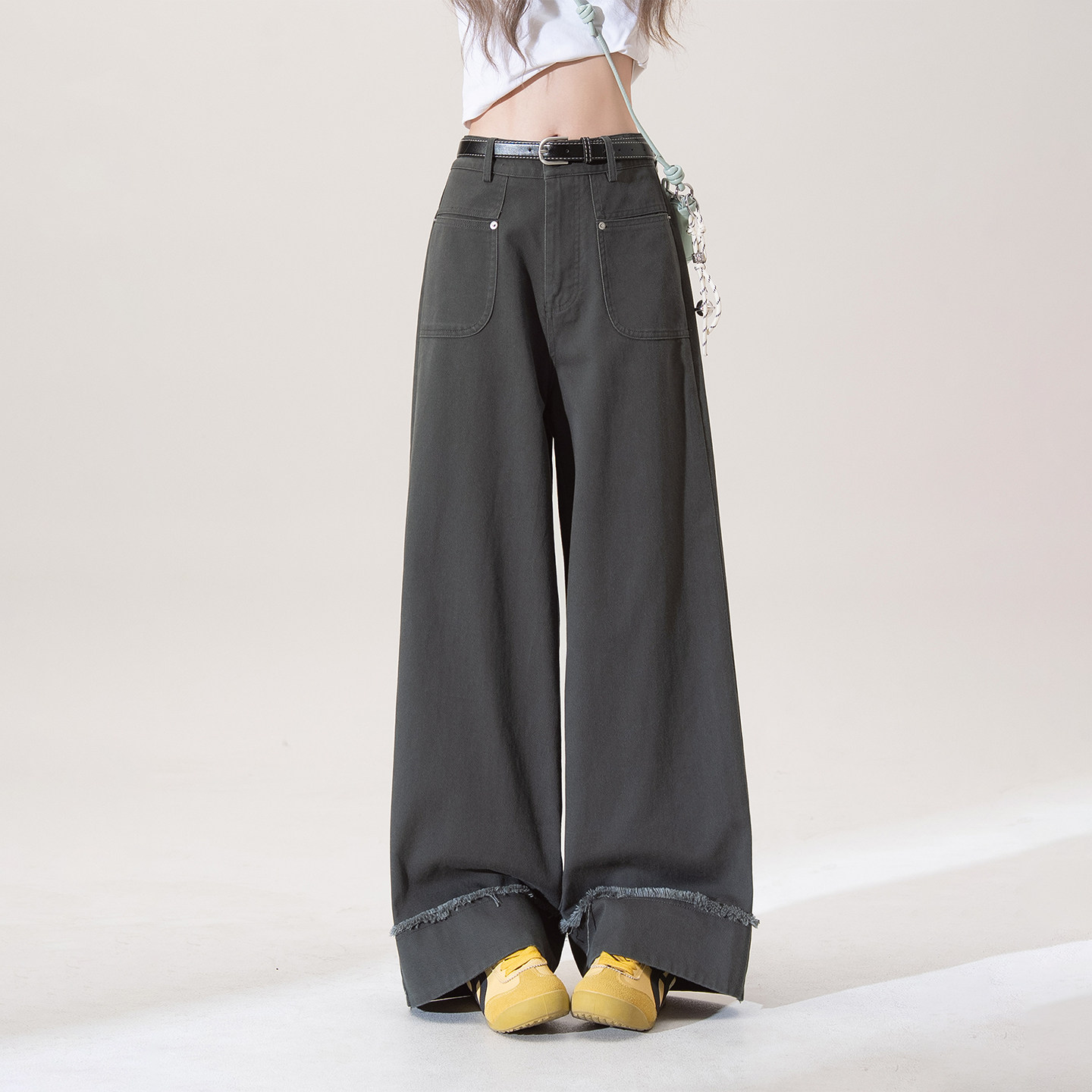 深灰色毛边阔腿牛仔裤女春季新款小个子高腰宽松显瘦休闲直筒长裤,淘宝优惠券,粉丝福利购,淘宝优惠卷