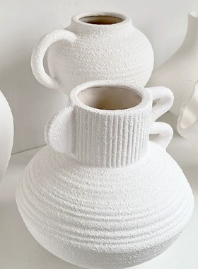 奶油风手工粗陶花瓶摆件