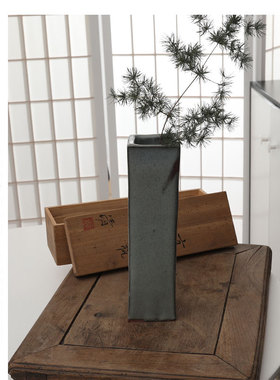 本製古窑萩烧方形花瓶日式