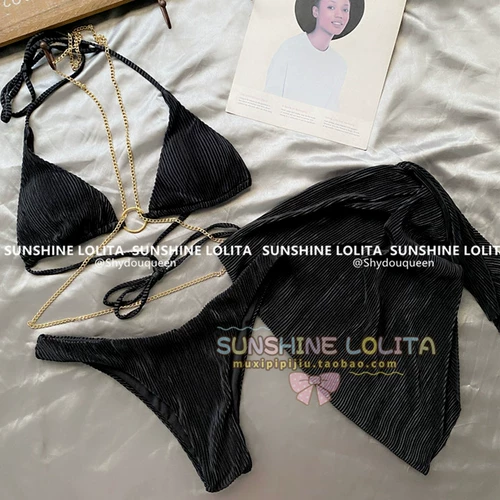 Черная цепь, купальник, комплект, брендовая сексуальная пляжная юбка, 3 предмета, популярно в интернете