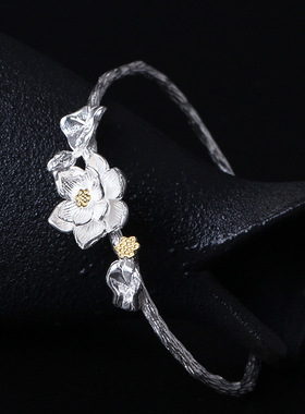 复古风开口纯银花朵手饰品