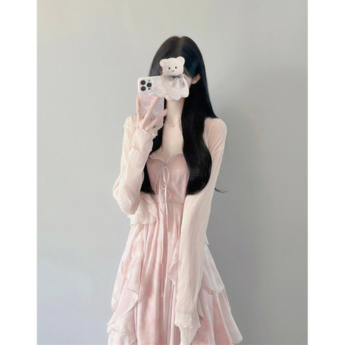 法式仙气长裙超仙森系甜美温柔风开衫粉色吊带连衣裙两件套装裙夏-图2