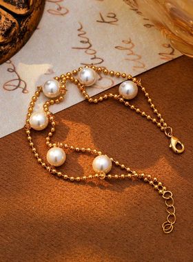 18k真金电镀珍珠手链O链可调节百搭手饰双层韩版气质欧美流行饰品