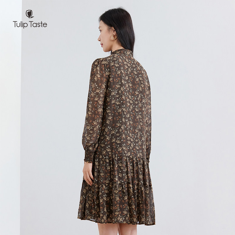 郁香菲碎花连衣裙女气质优雅秋季时尚飘带领印花雪纺裙A字中长裙,淘宝优惠券,粉丝福利购,淘宝优惠卷