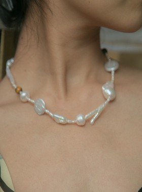 Gentle Time极光炫彩银蓝天然淡水巴洛克珍珠项链 不规则