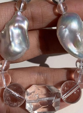 7A能量石系 极光 淡水巴洛克珍珠项链 极光大巴 白水晶天然石