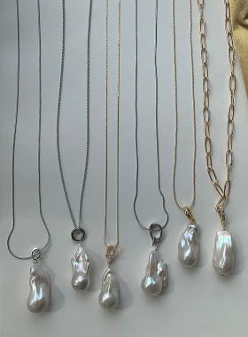 金银双色 菠萝纹可调节纯银扣天然淡水巴洛克珍珠吊坠 鱼尾项链