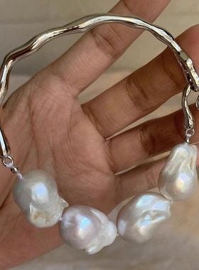 淡水 天然巴洛克珍珠手链手镯 液态不规则 银蓝极光大巴