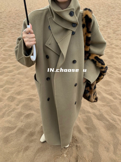 秋冬新款外搭双面羊毛大衣女韩版中长款双排扣宽松立领羊毛呢外套