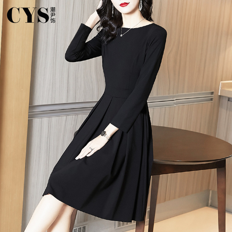 赫本风长袖2021秋冬新款黑色连衣裙 潮尹饰连衣裙