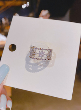 【真金电镀】八芒星开口戒指女日系轻奢满钻锆石环网红可调节饰品
