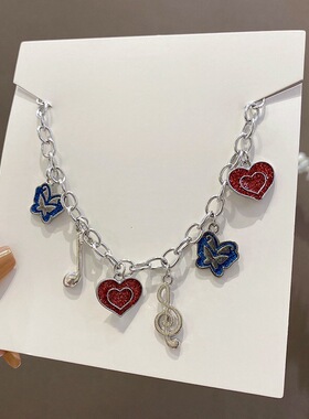 红心绿蝴蝶音符挂坠项链女个性小众时尚潮流ins潮甜酷锁骨毛衣链