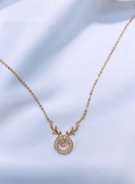 保色铜微项链一鹿有你跳动的心灵气质麋鹿锆石锁骨链