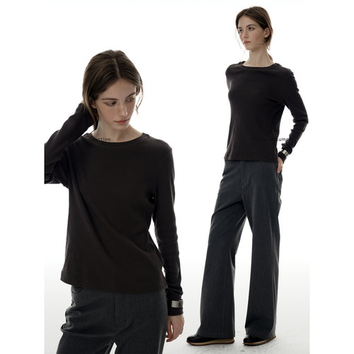 CycleDocument  强捻棉基础款仿真丝长袖T恤女春秋合身圆领打底衫 - 图1