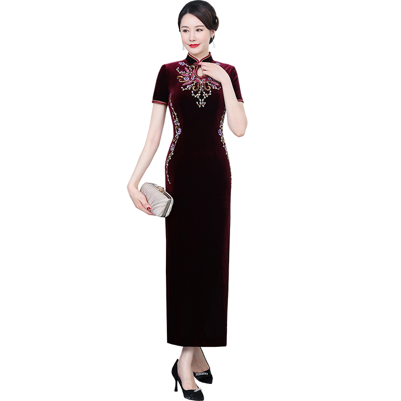 春季新款手工钉珠大花金丝绒长款 依诗韵泽旗袍