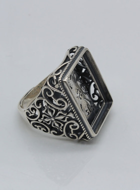 纯银复古做旧长方形戒指托